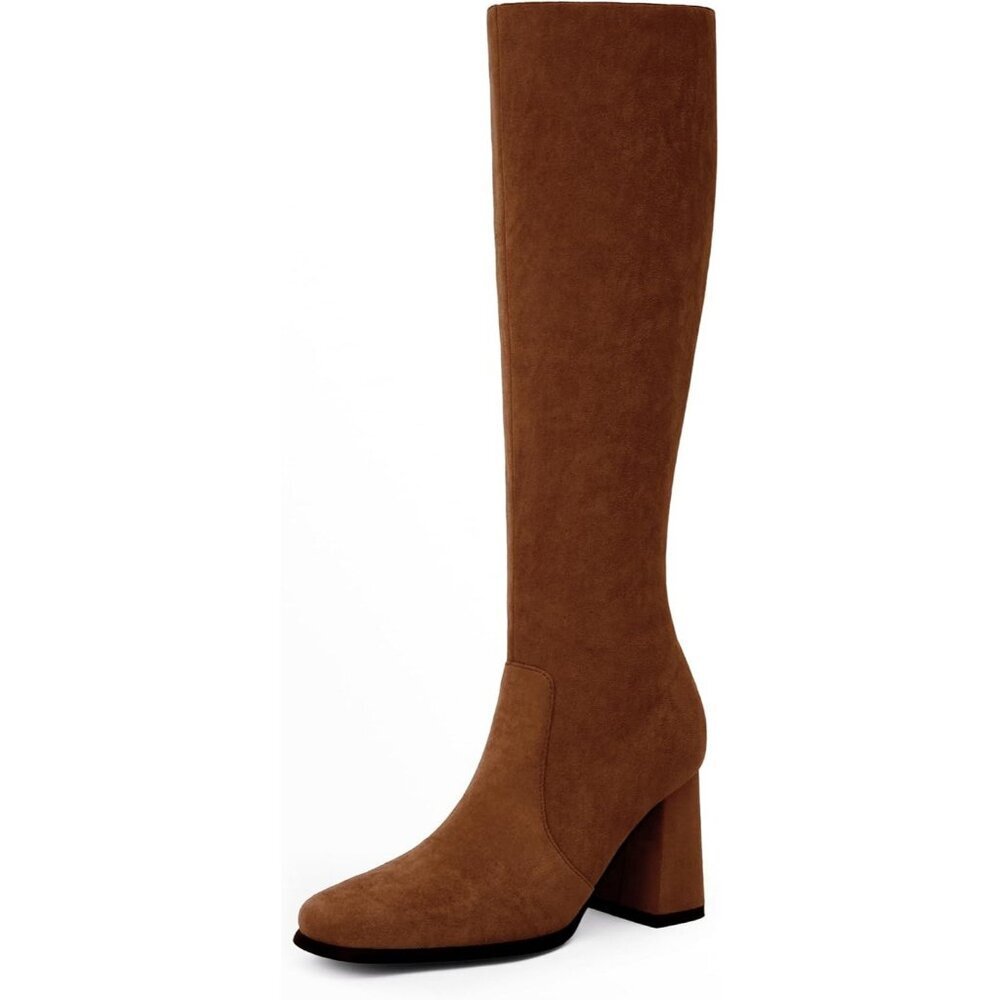 Women's Brown Suede Modatope Knee Toe Side Zipper High Heel Square Long Boots